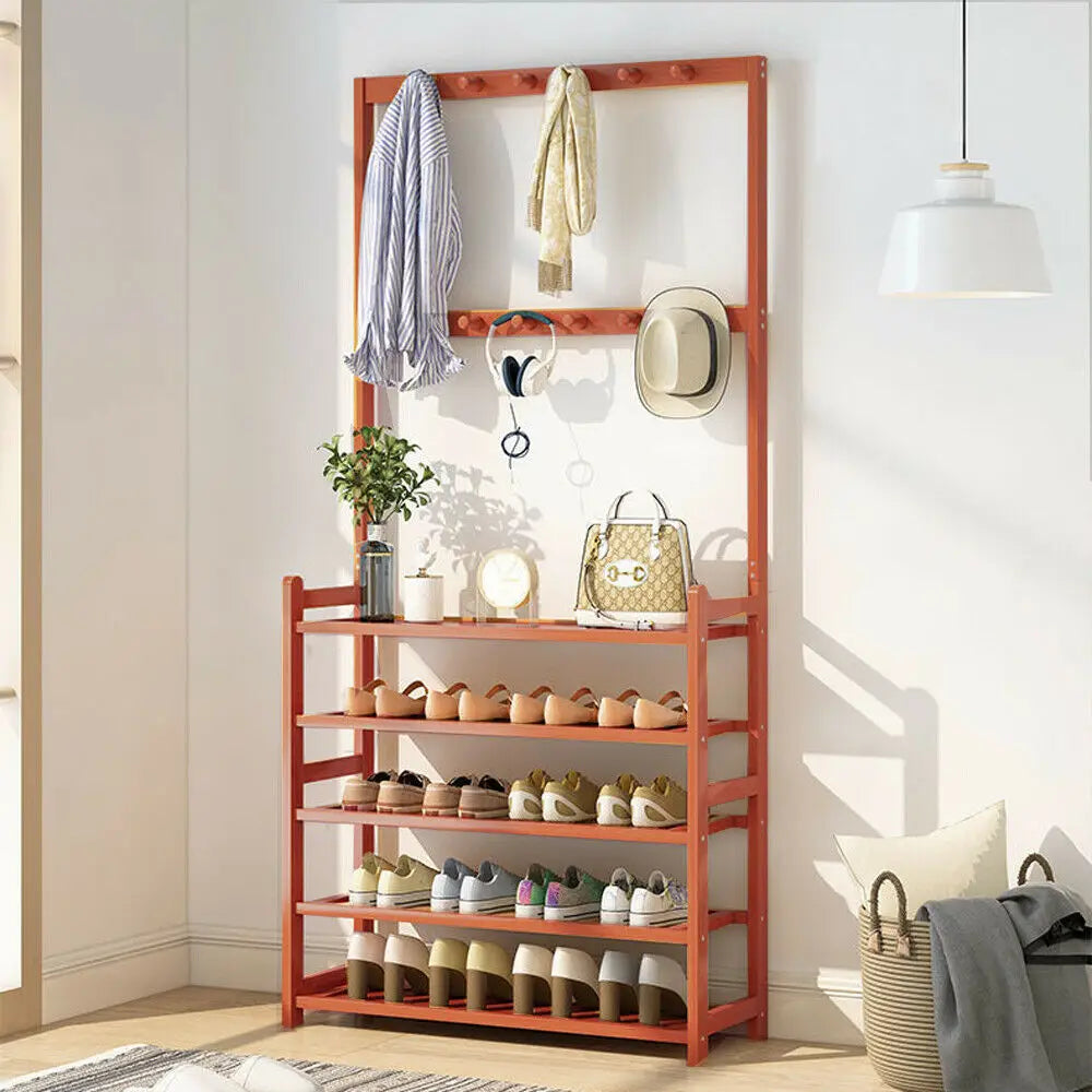 Coat Rack And Shoe Bench 3 In 1 Hall Tree With Vintage Bamboo MDF Finish For Entryway And 4 Tier Shoe Storage-A