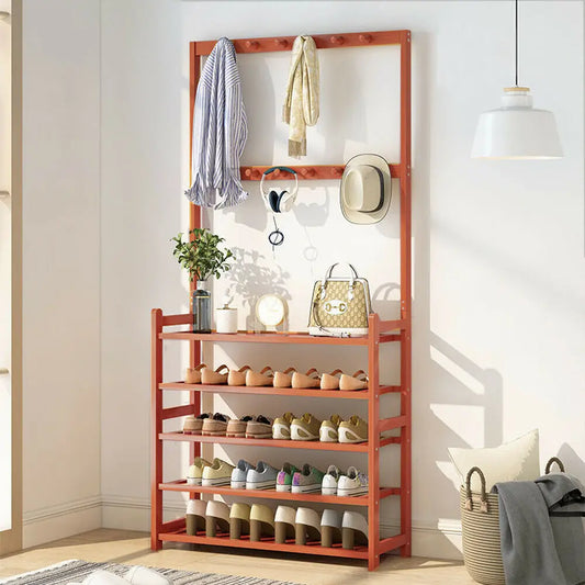 Coat Rack And Shoe Bench 3 In 1 Hall Tree With Vintage Bamboo MDF Finish For Entryway And 4 Tier Shoe Storage-A