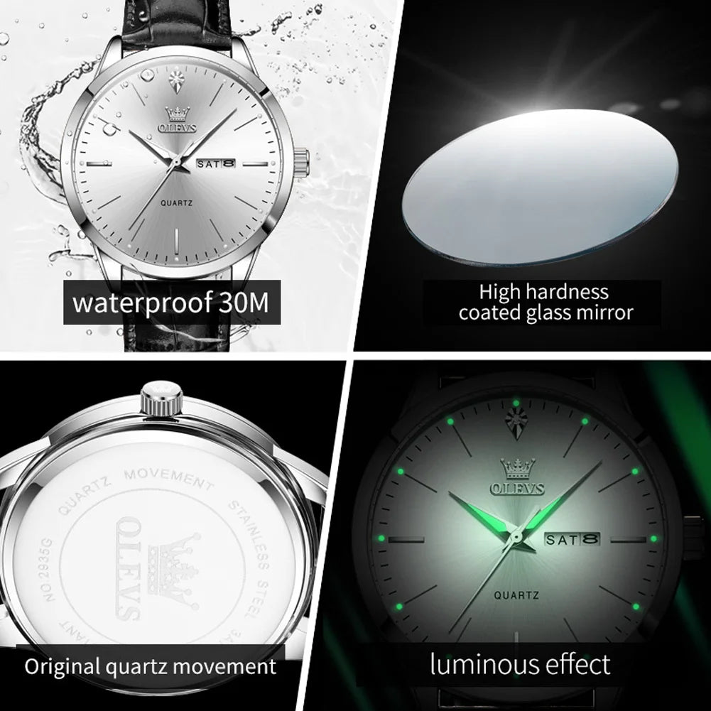 OLEVS Men Quartz Watch With Dual Calendar Auto Date Leather Strap Water Resistant Luminous Hands-A