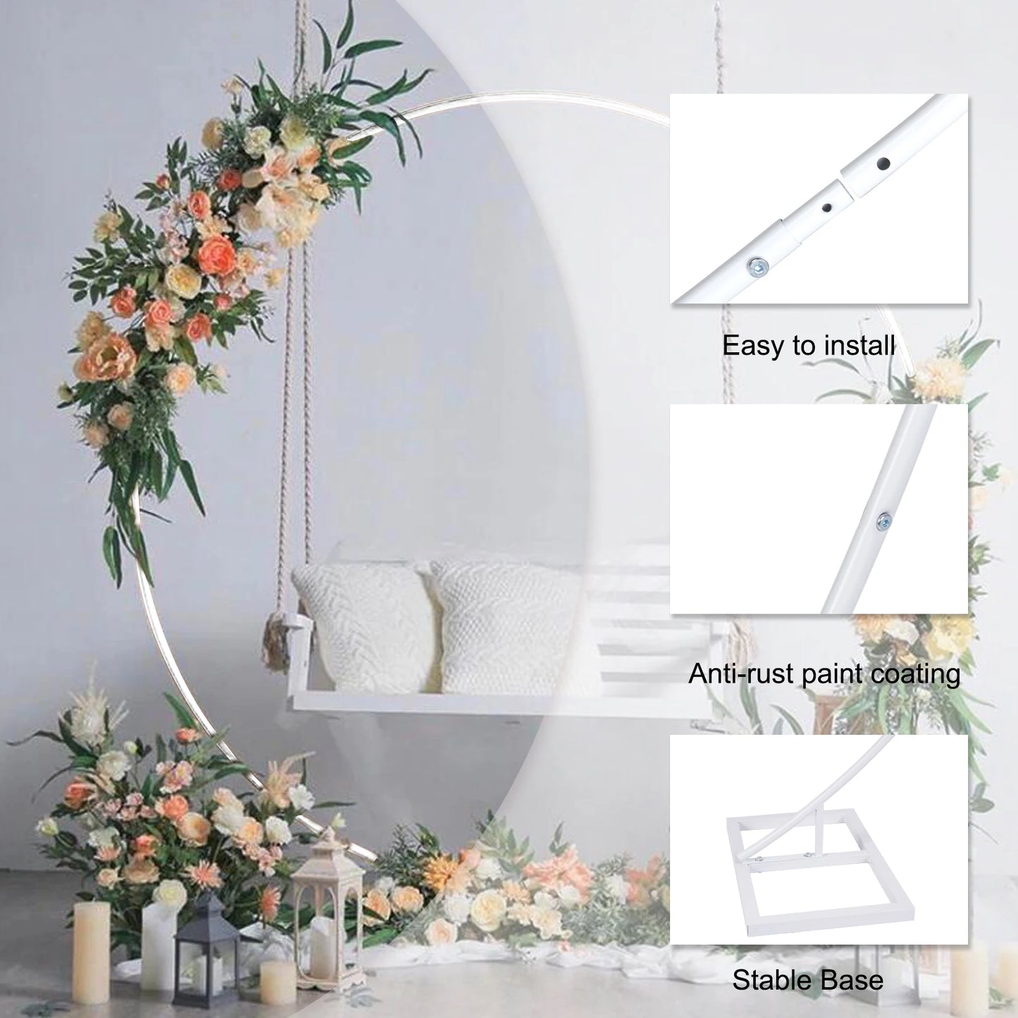 Round Iron Wedding Arch Backdrop Stand White Wrought Iron Metal Frame For Ceremony And Photo Backdrop Rust Resistant-A