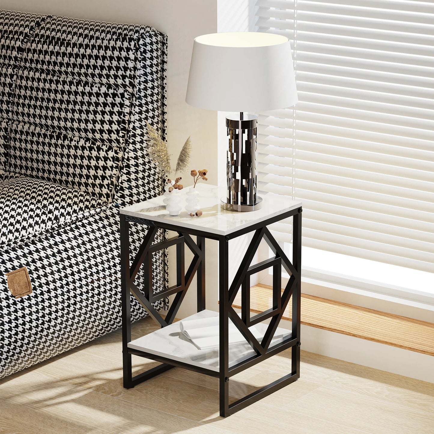 Marble Top Side Table With Square Metal Frame Two Tier Open Shelves End Table For Living Room Nordic Modern-A