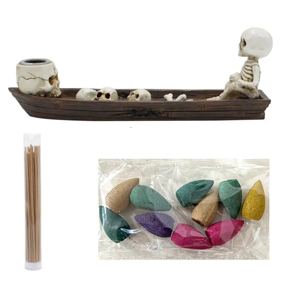 Alloet Skull Boat Incense Holder Gothic Resin Skeleton Statue