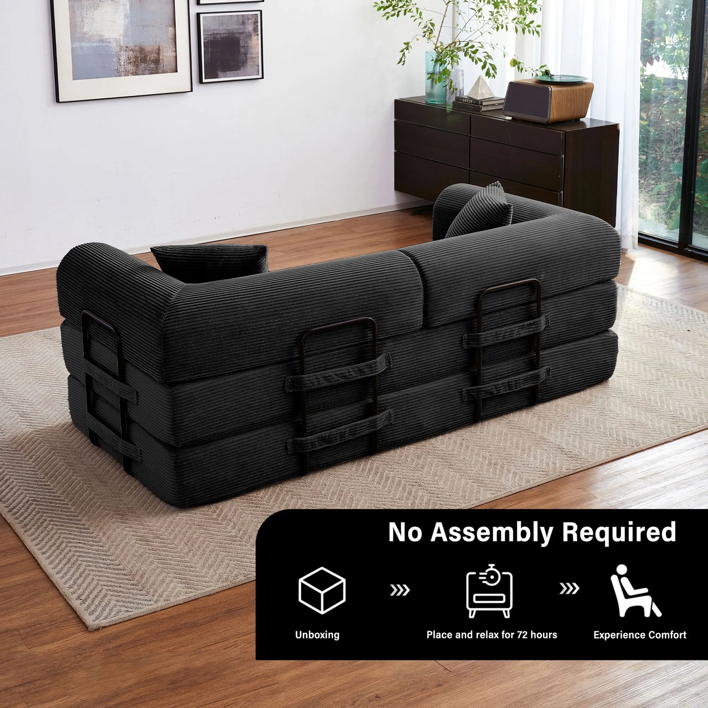 Foldable Convertible Futon Sofa Bed With L Shaped Armrests For Small Spaces Corduroy Upholstery High Density Foam-A