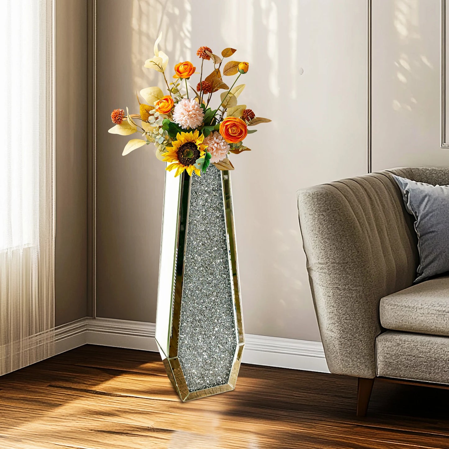 Crushed Diamond Mirrored Floor Vase For Pampas Grass Centerpiece Sparkle Glass Decor-A