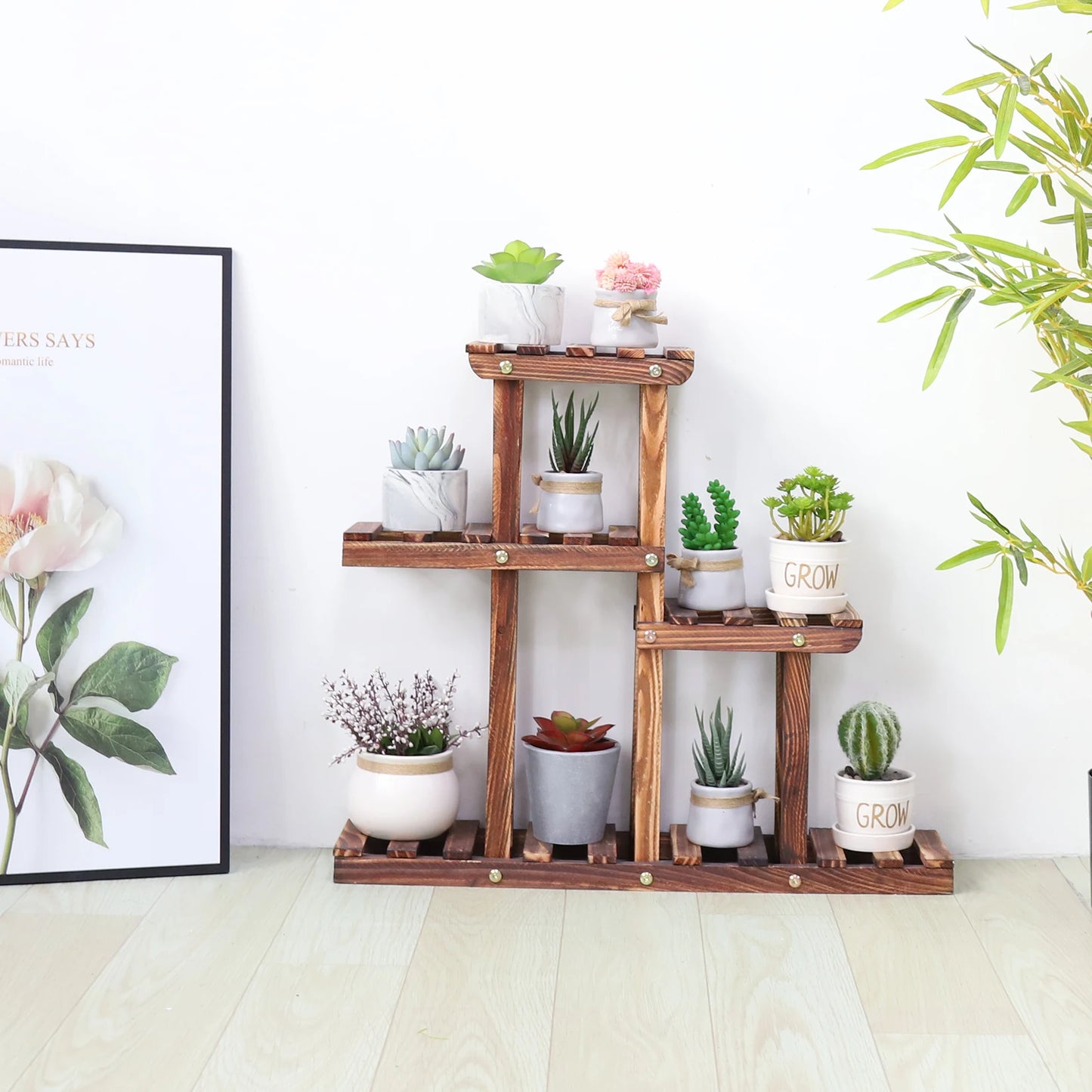 Carbonized Wood Plant Stand Four Tier Succulent Rack Mini Desktop Plant Holder for Outdoor Balcony Garden-A
