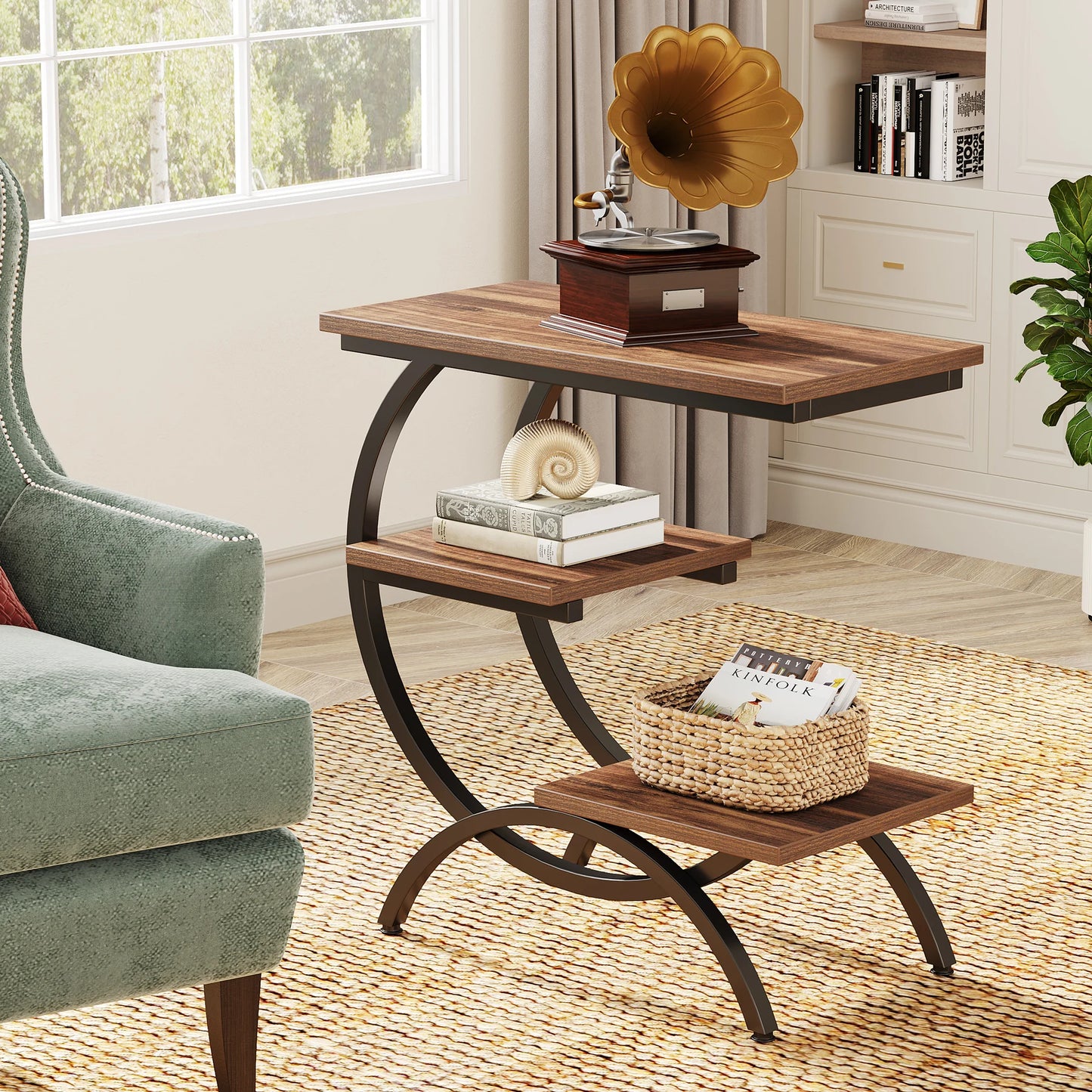 Tribesigns C Shaped End Table With 3 Tier Storage Shelves Rustic Brown Tabletop And Matte Black Metal Frame-A