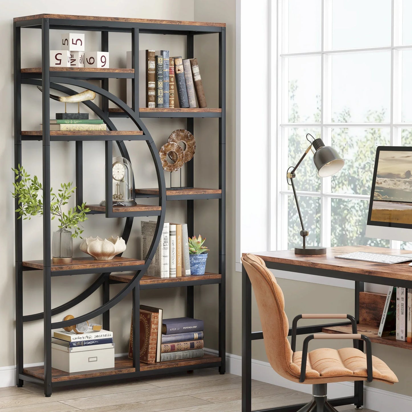 Tribesigns Industrial 5 Tier Etagere Bookcase Freestanding Shelf Black Iron Rustic Wood-A