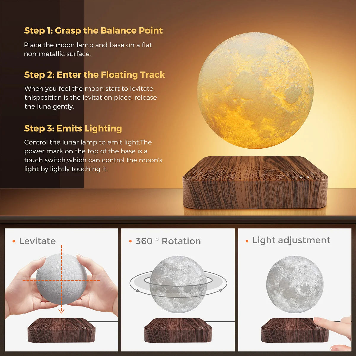 Mexllex Magnetic Floating Moon Lamp With Wooden Base And Three Color LED Lights That Rotates Freely-A