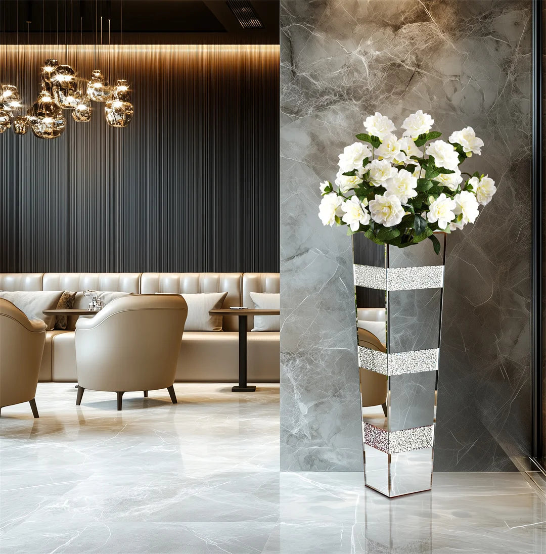 Modern Floor Vase With Crystal Glass Mirrored Stand And Two Piece Set For Elegant Floral Arrangements-A