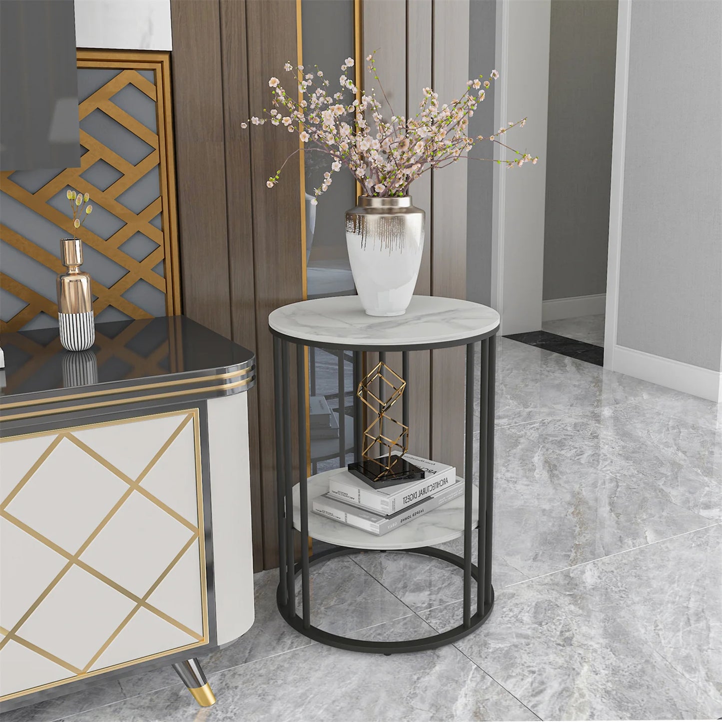 Wisfor Two Tier Sintered Stone Round End Table With Black Frame Nordic Inspired Modern Side Table-A