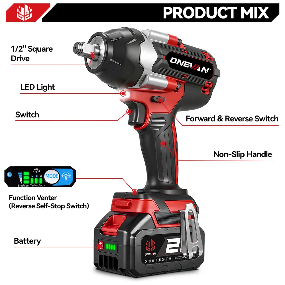 ONEVAN Brushless Electric Impact Wrench 1800 Nm Torque Cordless Tool A Stepless Speed Switch 0 To 7200 IPM-A