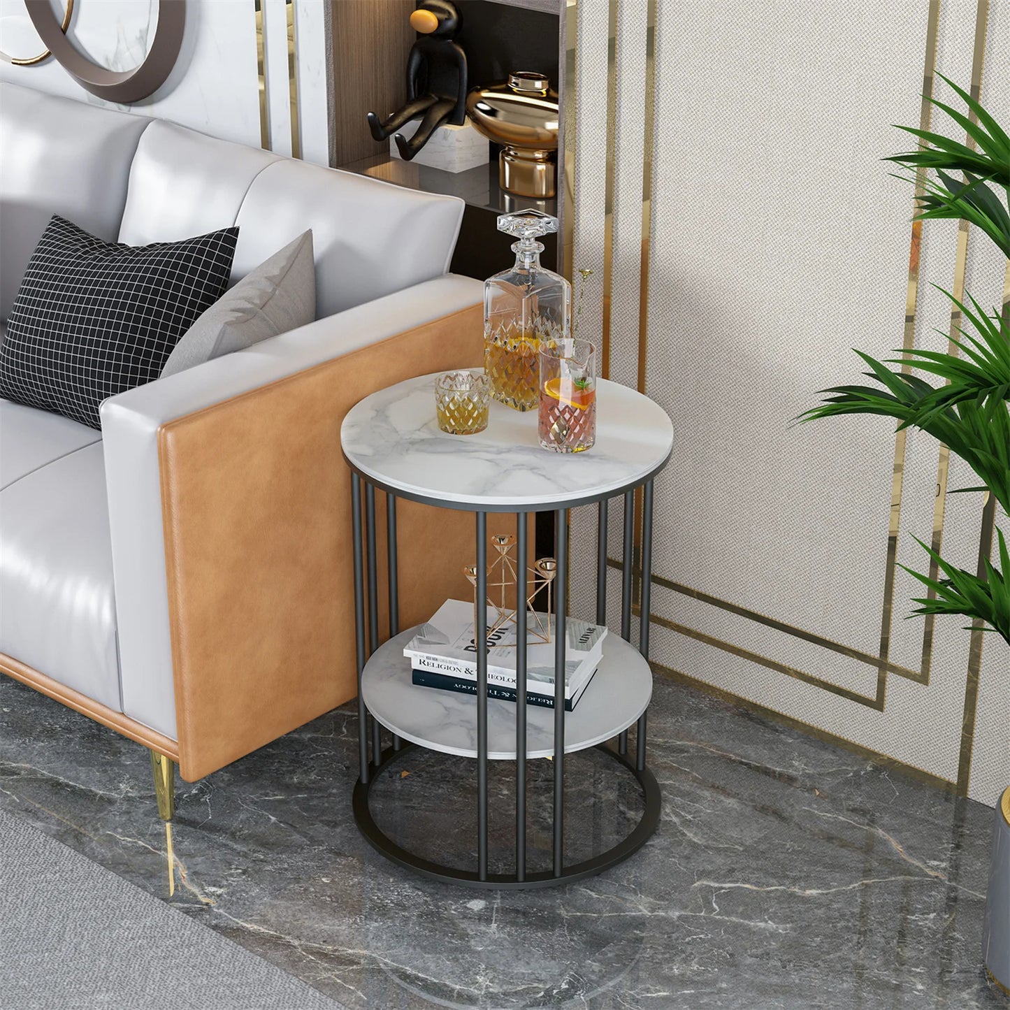 Wisfor Two Tier Sintered Stone Round End Table With Black Frame Nordic Inspired Modern Side Table-A