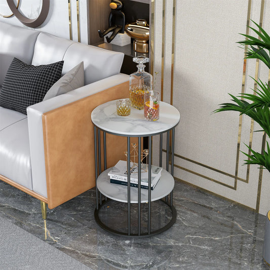 Wisfor Two Tier Sintered Stone Round End Table With Black Frame Nordic Inspired Modern Side Table-A