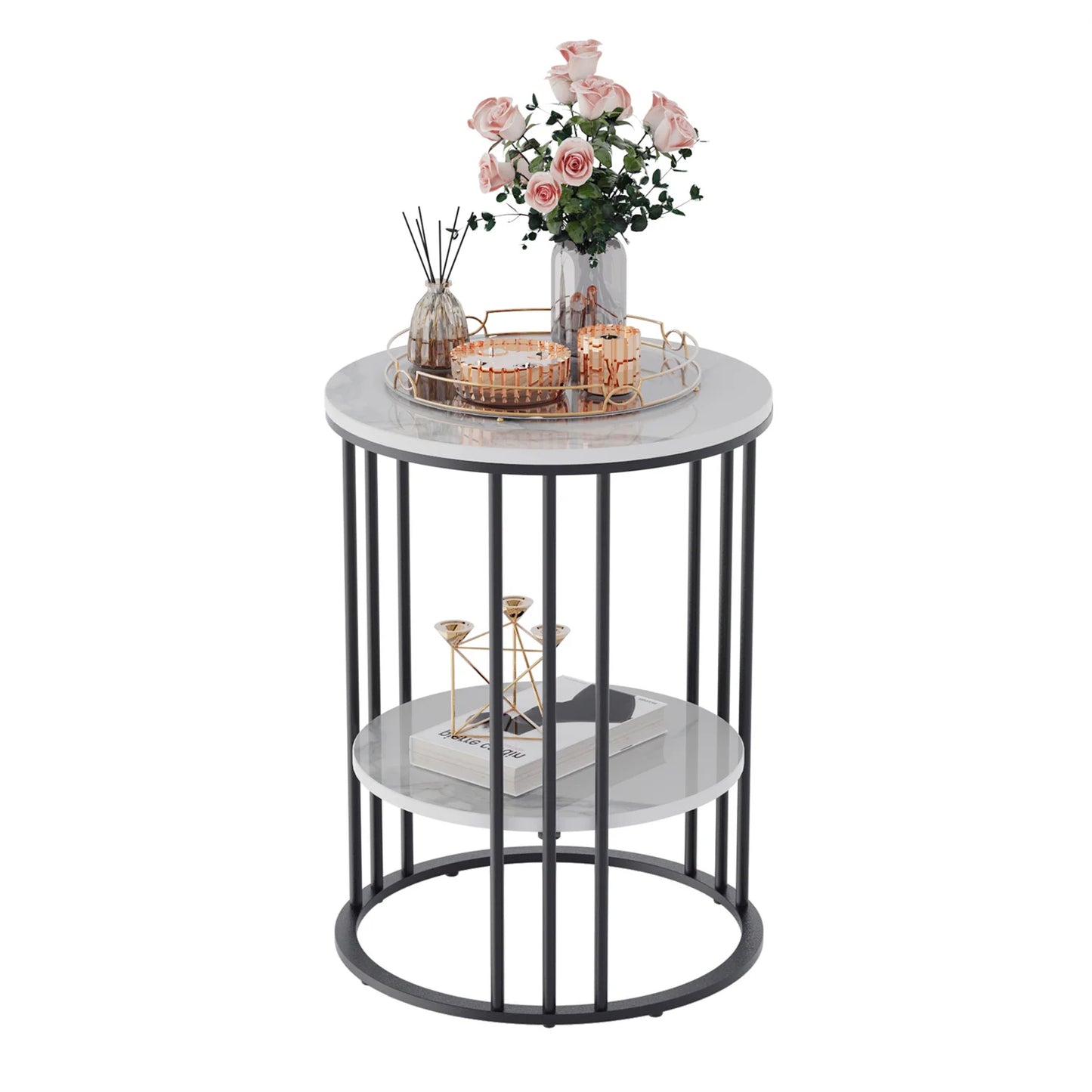 Wisfor Two Tier Sintered Stone Round End Table With Black Frame Nordic Inspired Modern Side Table-A