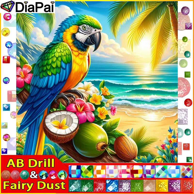 DiaPai Fairy Dust Diamond Painting Parrot Kit A 3D 5D Full Square and Round Drills No Frame Required-A
