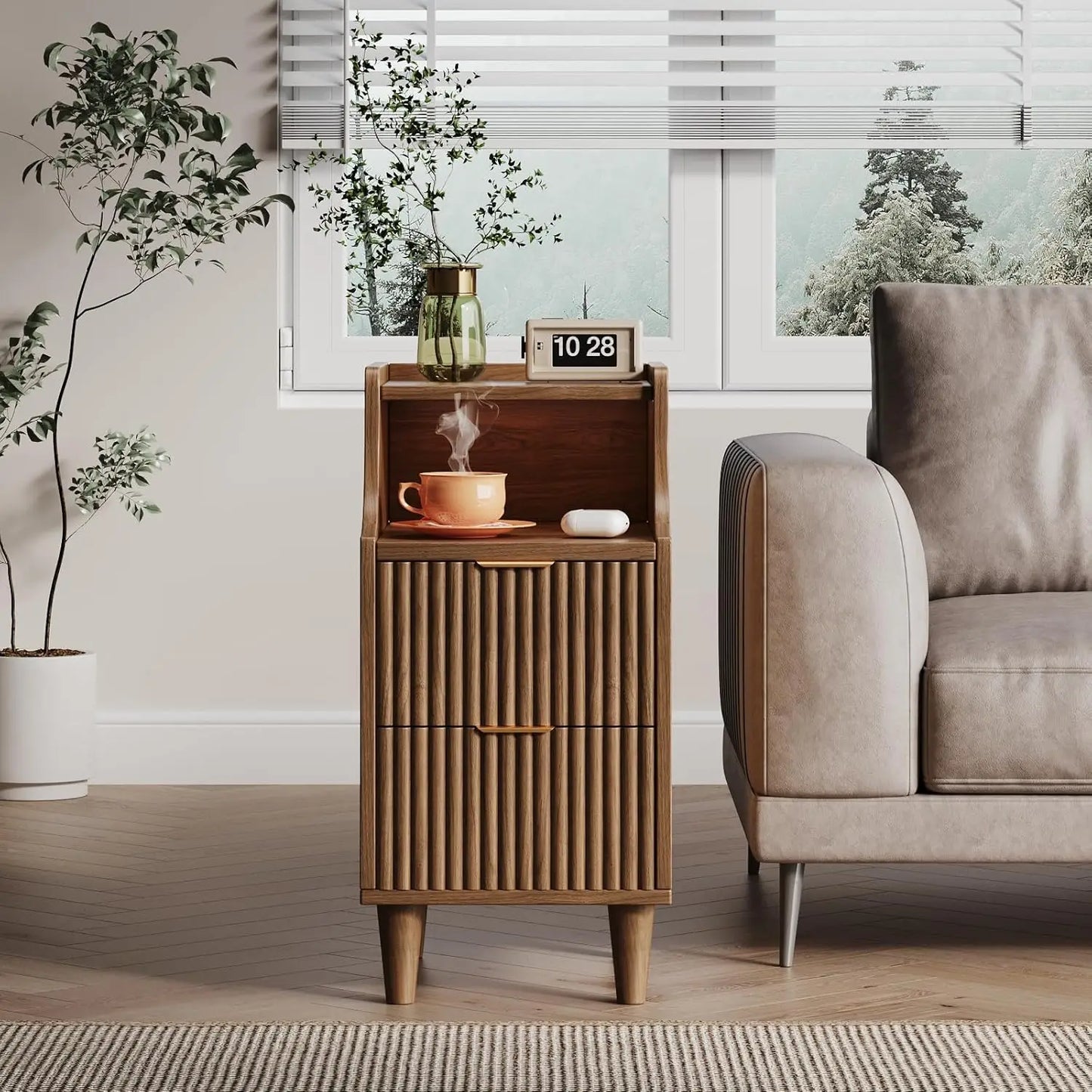 Frame Slim Nightstand Twin Set Of 2 With 2 Drawers Bedside Tables For Small Spaces-A