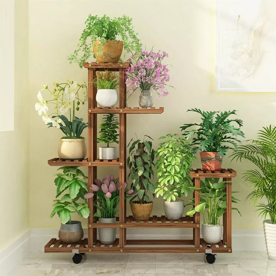Wisfor 5 Tier Wooden Plant Stand On Wheels for Indoor and Outdoor Use Mobile Garden Display-A