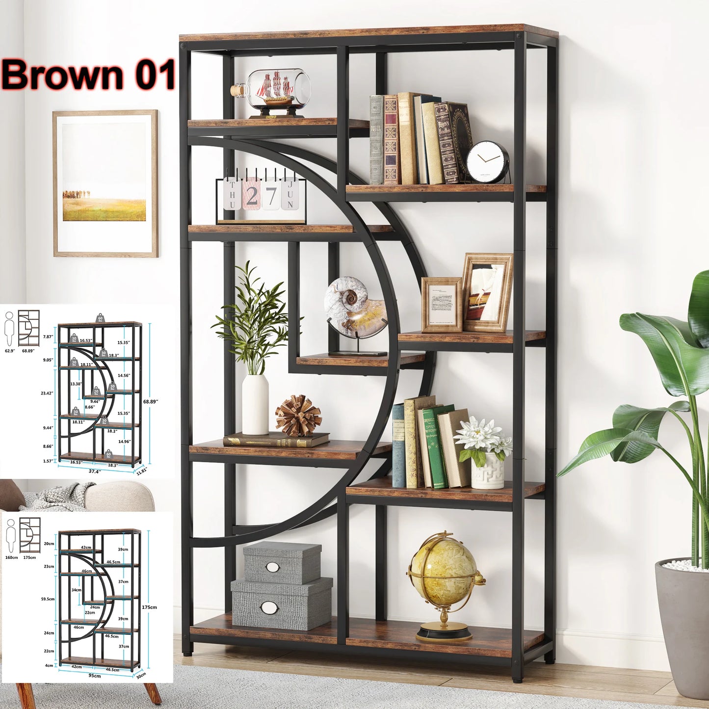 Tribesigns Industrial 5 Tier Etagere Bookcase Freestanding Shelf Black Iron Rustic Wood-A