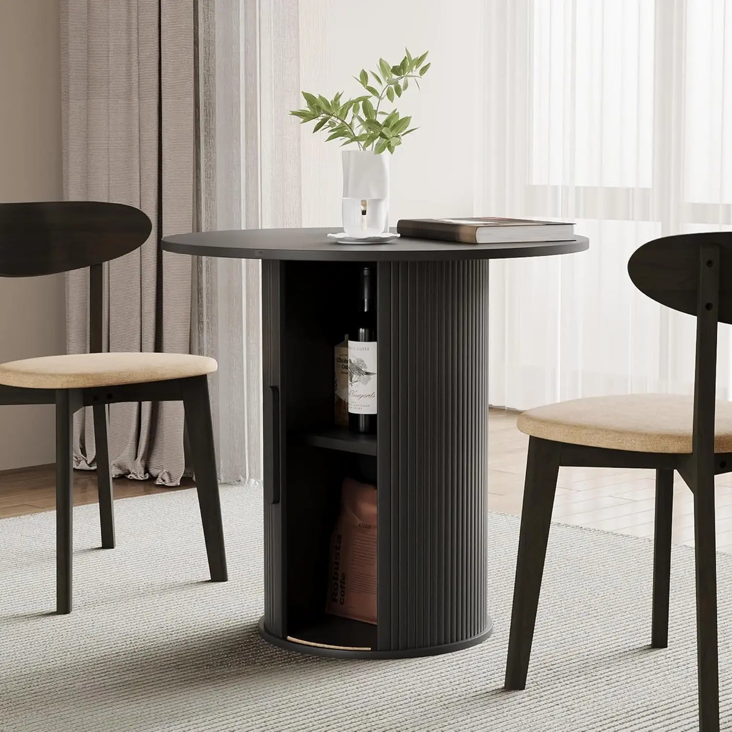 Extendable Round To Oval Dining Table With Hidden Storage Cabinet For Four To Six Guests Space Saving Modern Wood-A