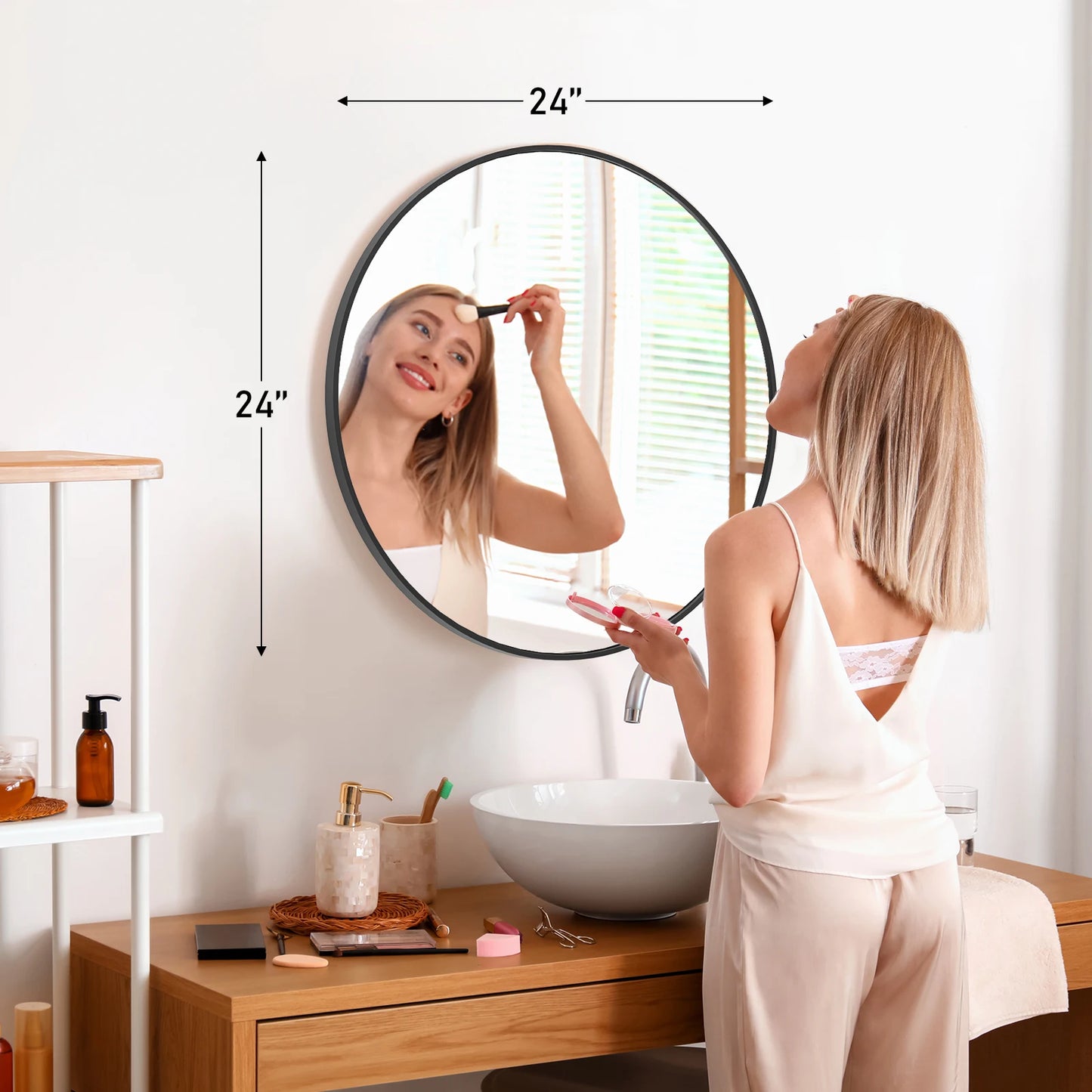 JHK Round Vanity Mirror With Matte Metal Frame Distortion Free Reflection Silver Plated Glass For Makeup And Grooming-A