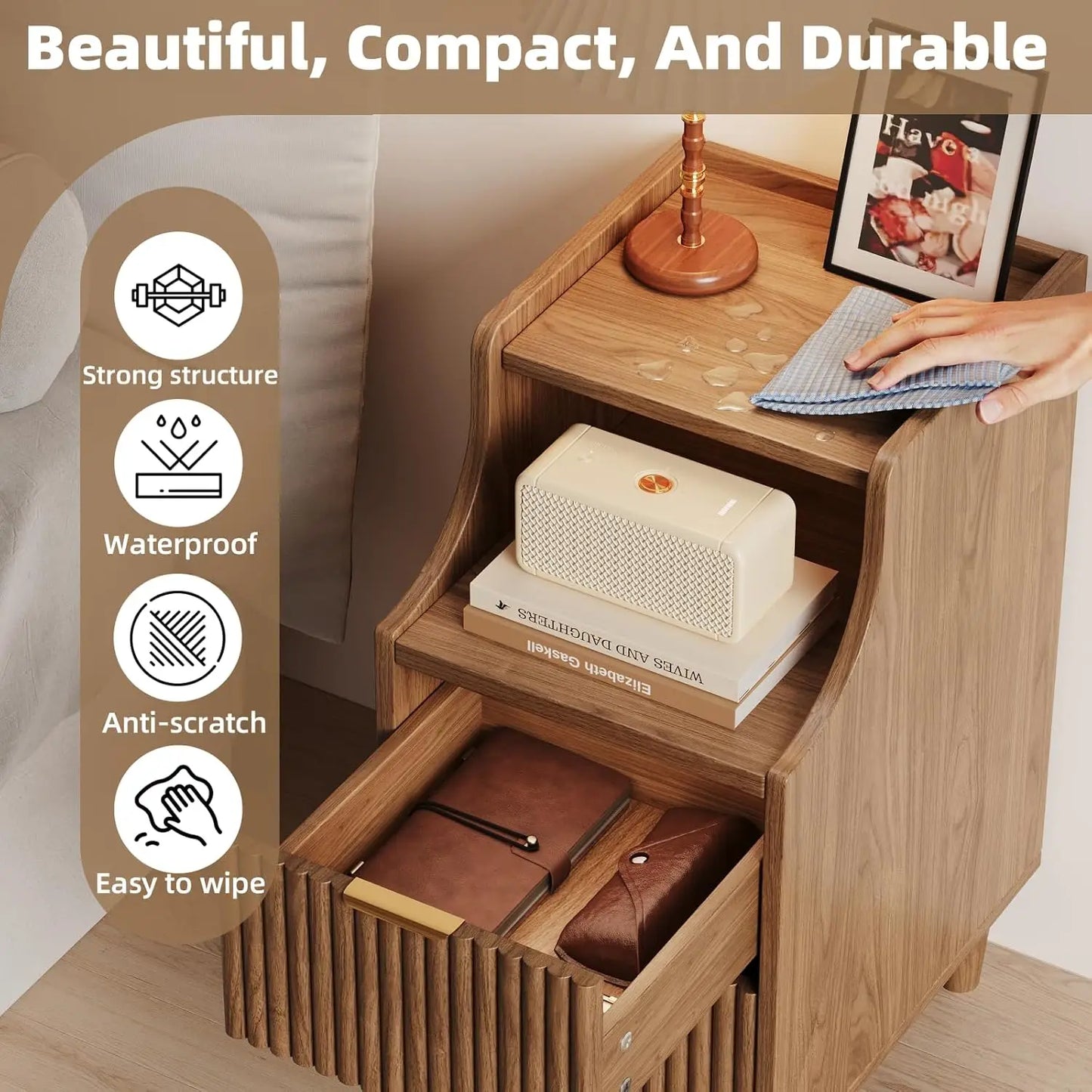 Frame Slim Nightstand Twin Set Of 2 With 2 Drawers Bedside Tables For Small Spaces-A