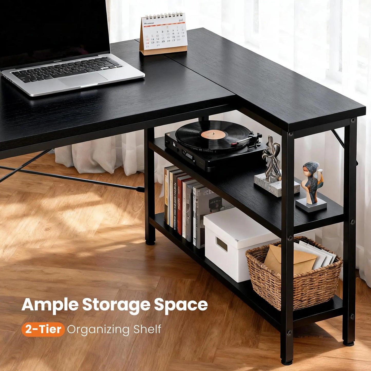 JHK L Shaped Desk With Reversible 2 Tier Storage Shelves For Corner Computer Workstation-A