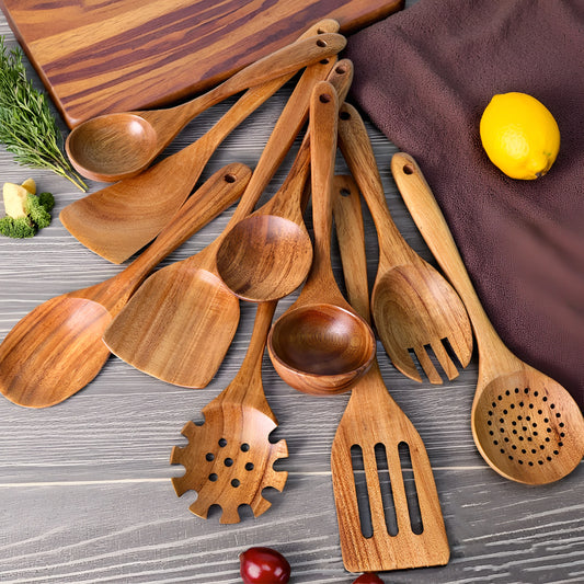 10 Piece Wooden Kitchen Utensils Set For Cooking Spoons