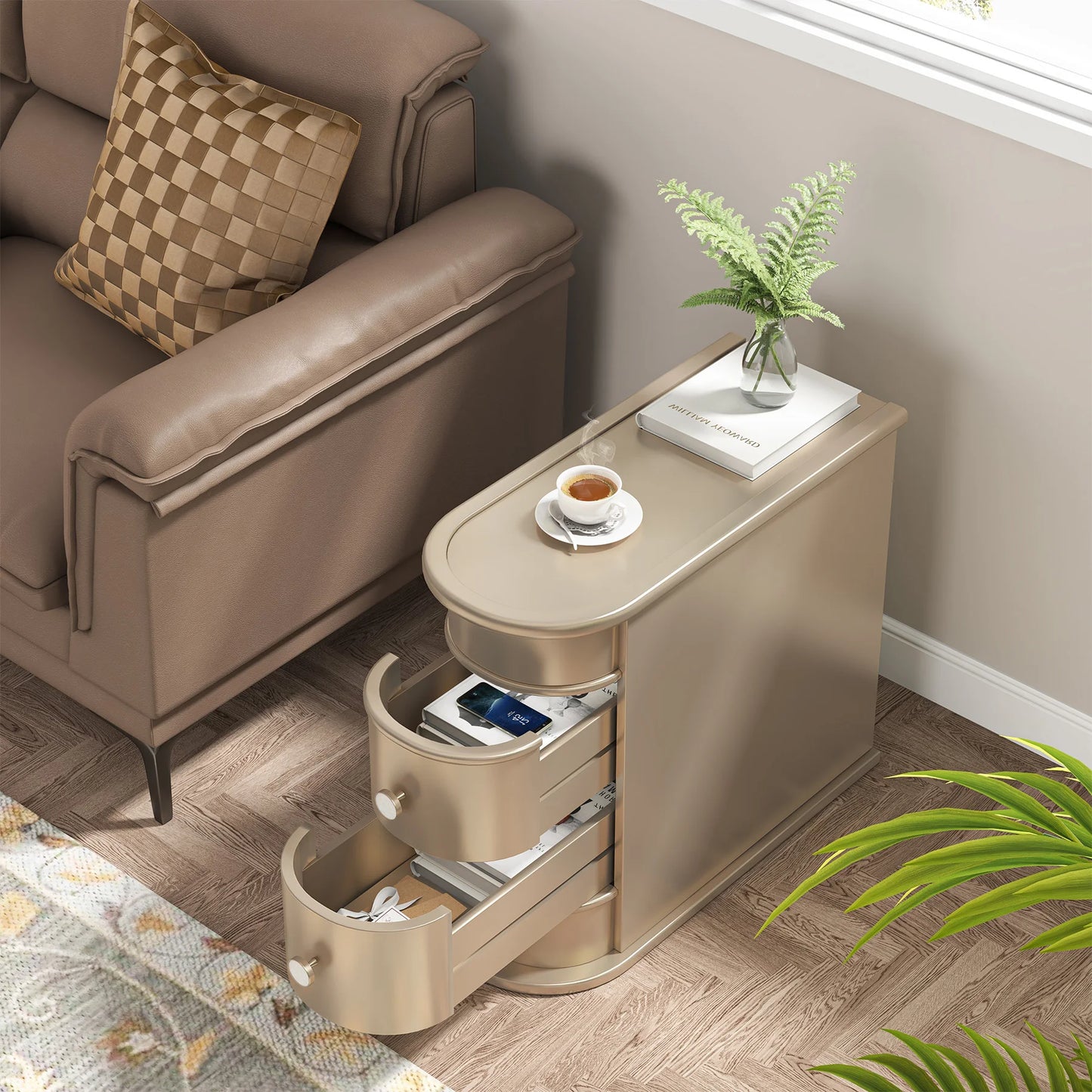 Tribesigns Round Solid Wood End Table With Two Sliding Drawers No Assembly Required Nightstand-A