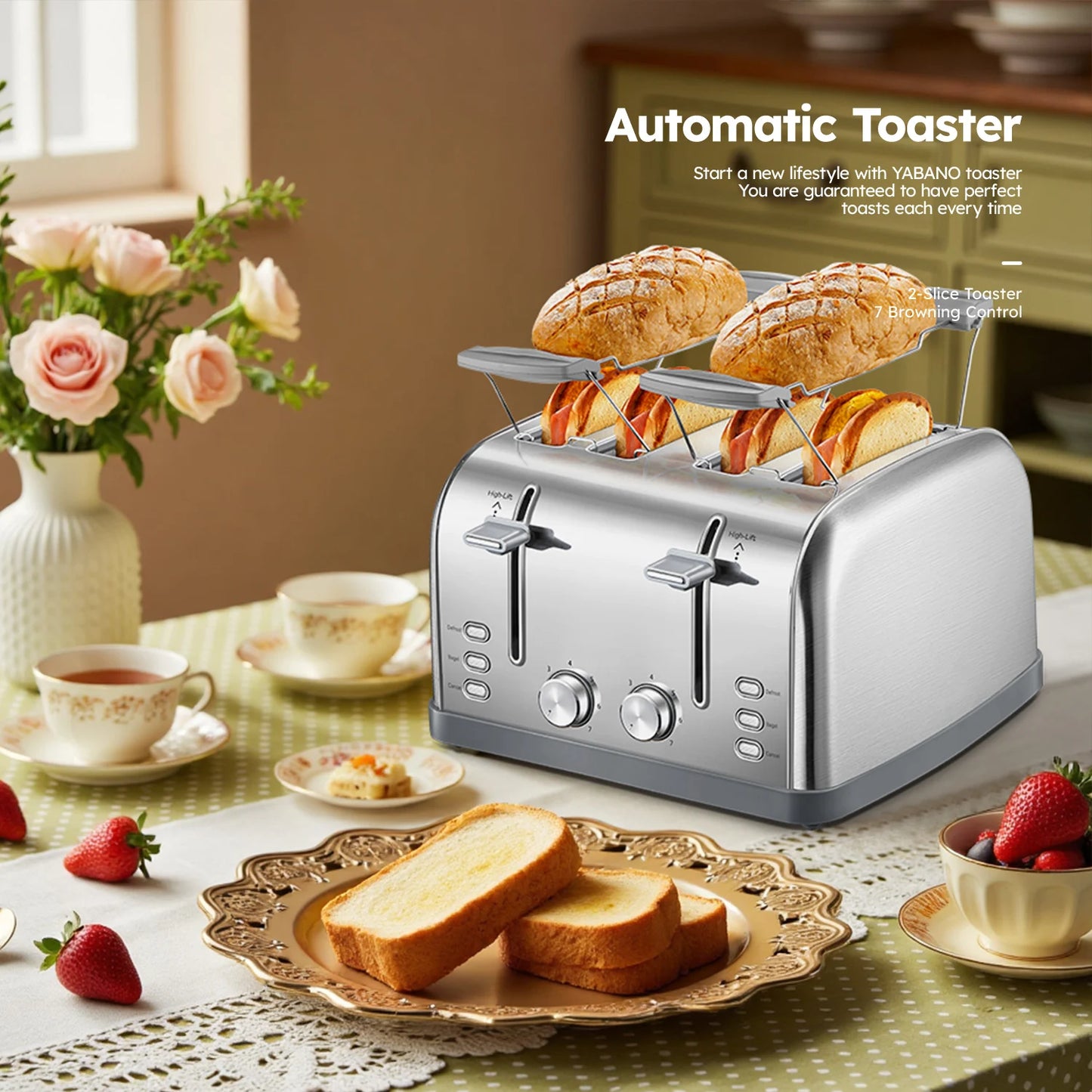 4 Slice Stainless Steel Toaster With Extra Wide Slots 1800W Dual Independent Browning Control-A