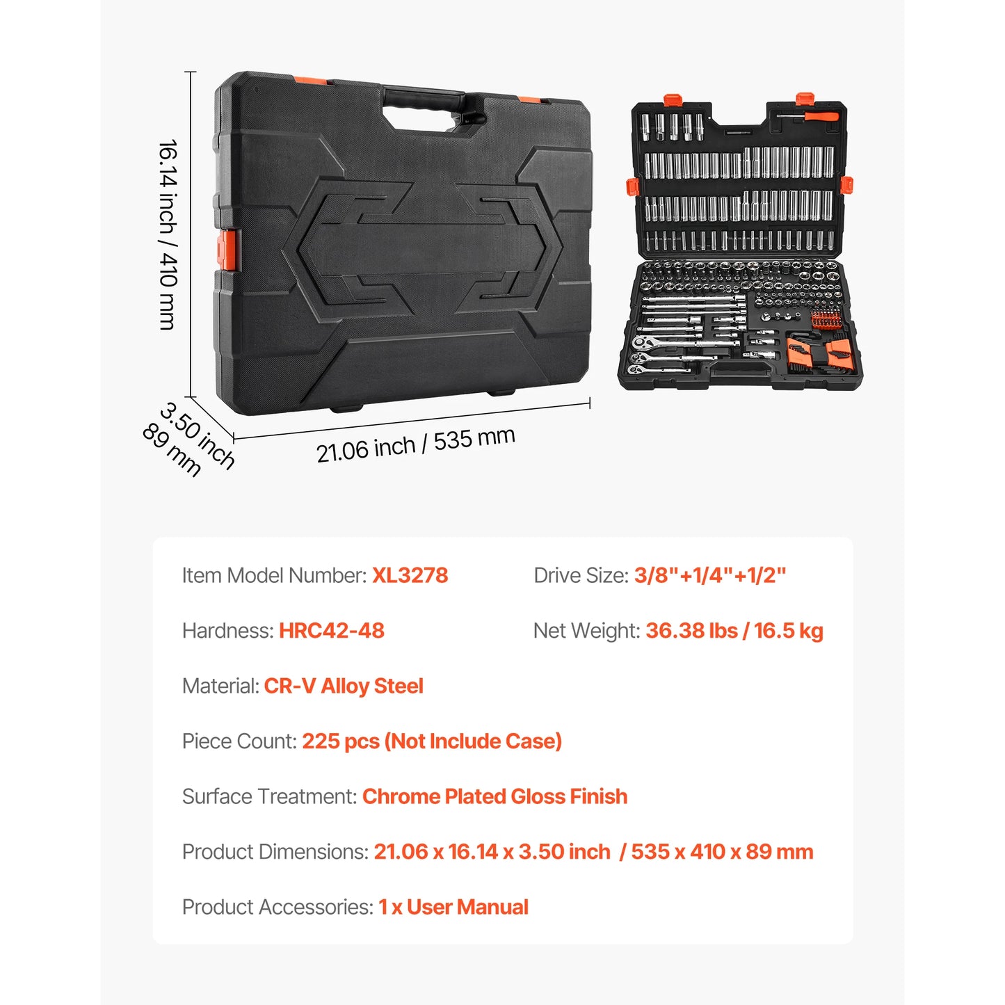 SucceBuy 86 Piece Socket Set SAE and Metric with Ratchet Wrench High Torque 6 Point CRV Alloy Steel-A