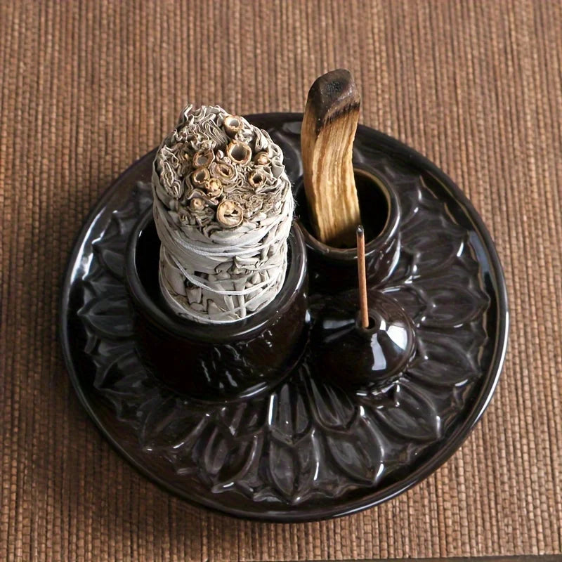 Ceramic Four In One Incense Holder For Yoga Meditation Relaxation Aromatherapy For Mindful Practices-A