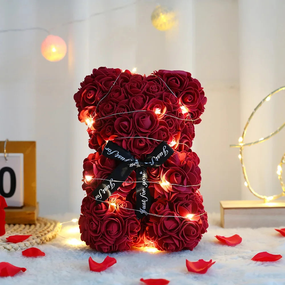 Artificial Teddy Rose Flower Bear With Box Eternal Rose Valentines Day Gift For Girlfriend-A