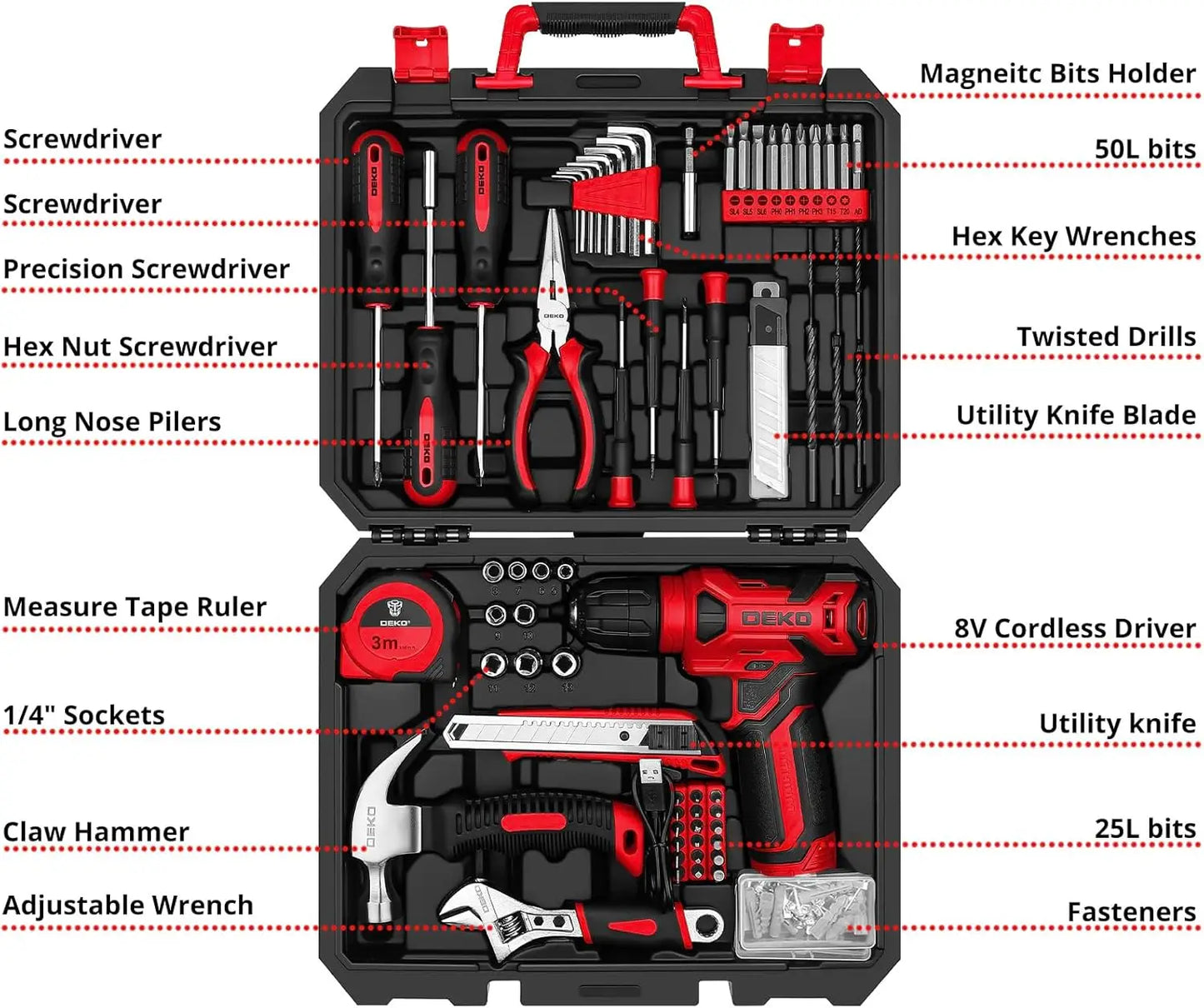 Deko 126 Piece Drill Set With 8V Cordless Drill USB C Rechargeable Lightweight Home Tool Kit 800 RPM-A