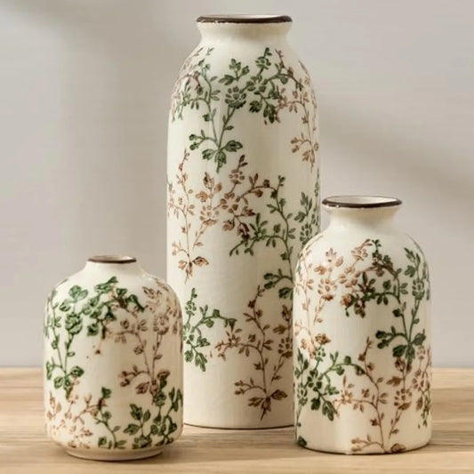 Antique Vase Set Of 3 Vintage Chinoiserie Floral Ceramic Vases