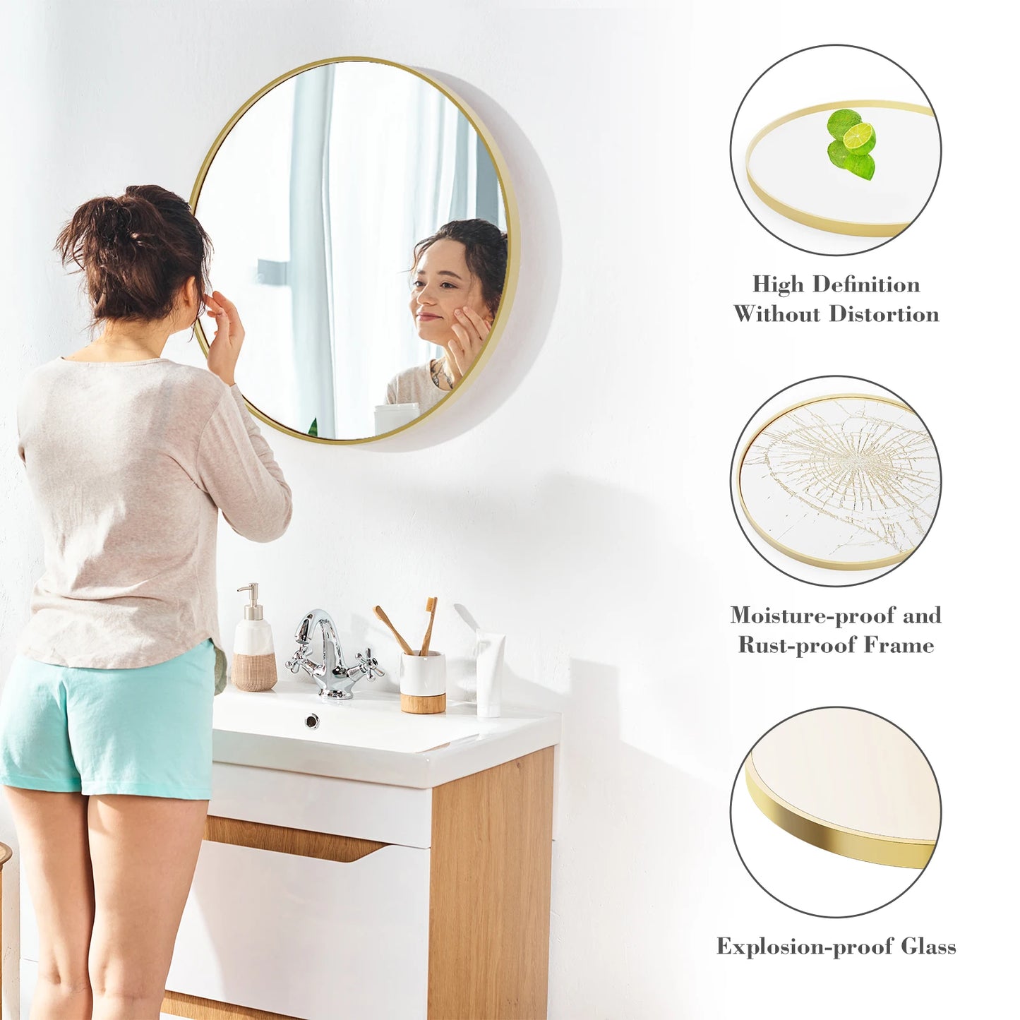 JHK Round Vanity Mirror With Matte Metal Frame Distortion Free Reflection Silver Plated Glass For Makeup And Grooming-A