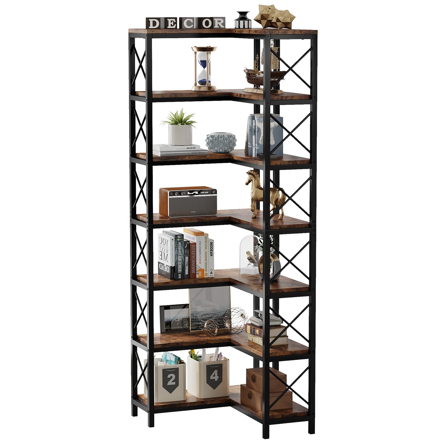 Tribesigns 7 Tier Corner Bookshelf Modern Metal Frame Display Rack For Living Room And Home Office Organization-A