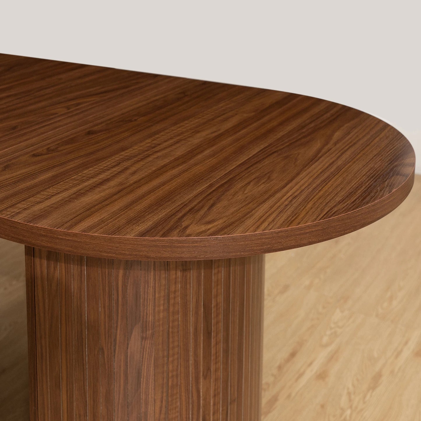 Walnut Finish Solid Wood Oval Dining Table With Semi Cylindrical Legs For Countryside Charm And Elegant Dining Room-A