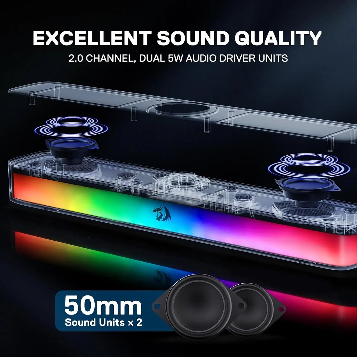 Redragon GS515 RGB Desktop Soundbar 2.0 Channel Computer Speakers Bluetooth 5.3 Wireless USB Connectivity-A