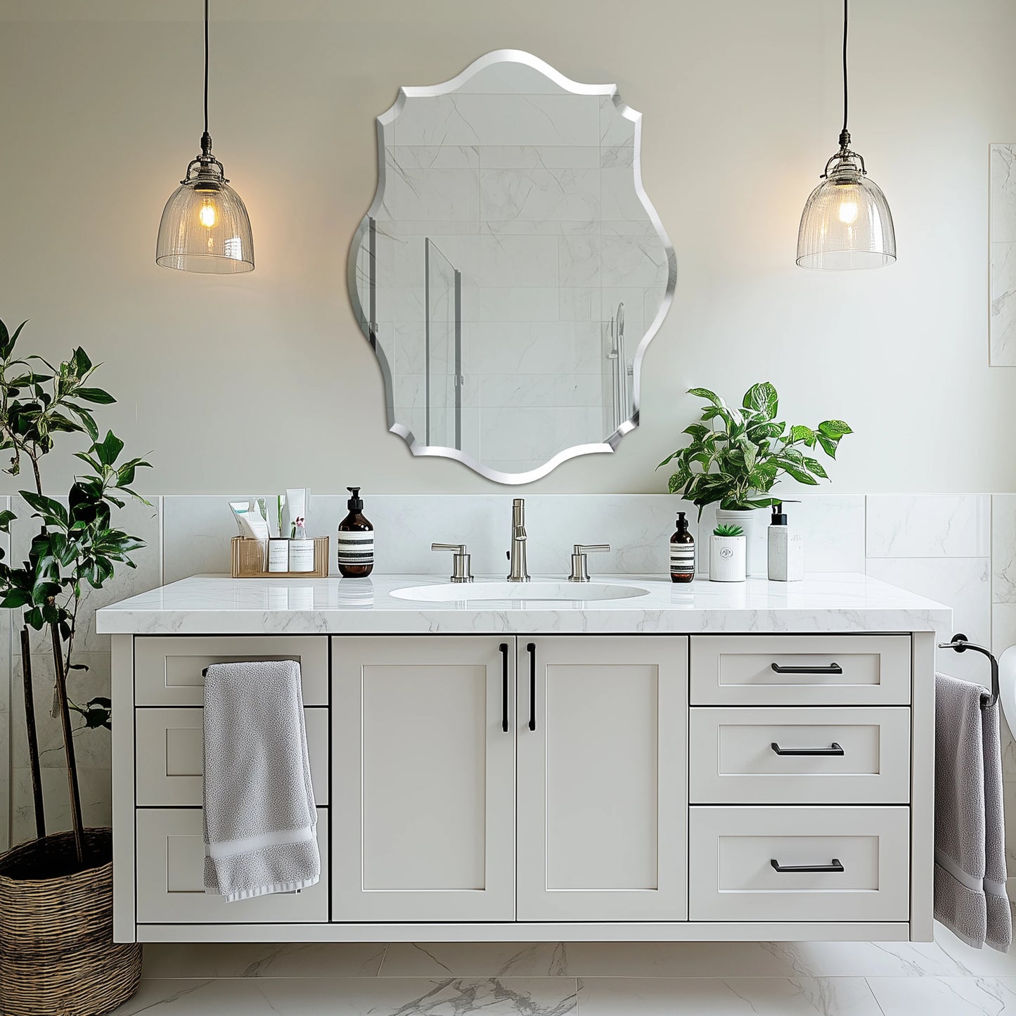 Wisfor Scalloped Frameless Wall Mirror With Beveled Edge Polished Finish For Bathroom Living Room Vanity Bedroom-A