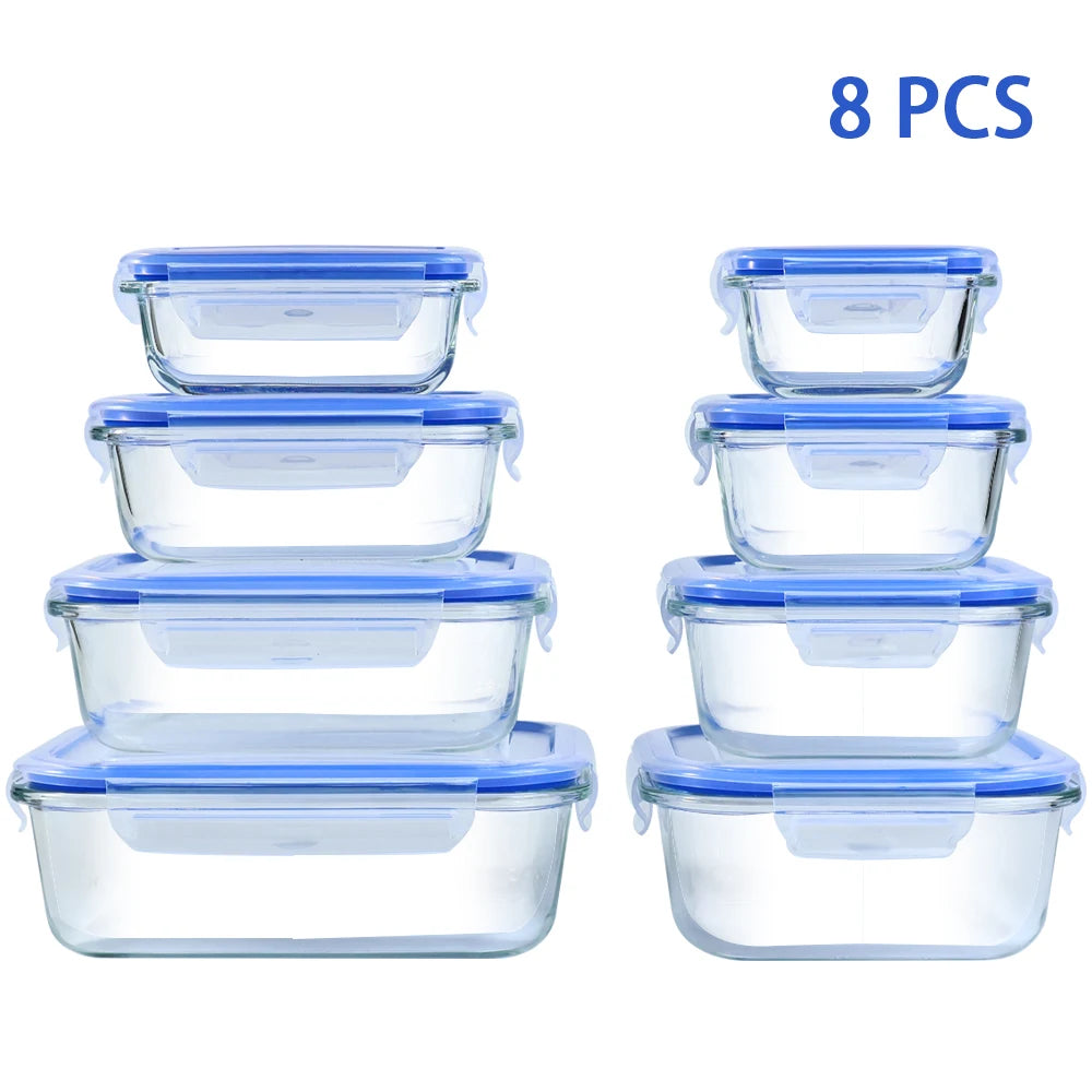 Glass Food Storage Containers Set 8 Piece Leakproof Airtight Microwave Oven Safe Borosilicate Glass-A