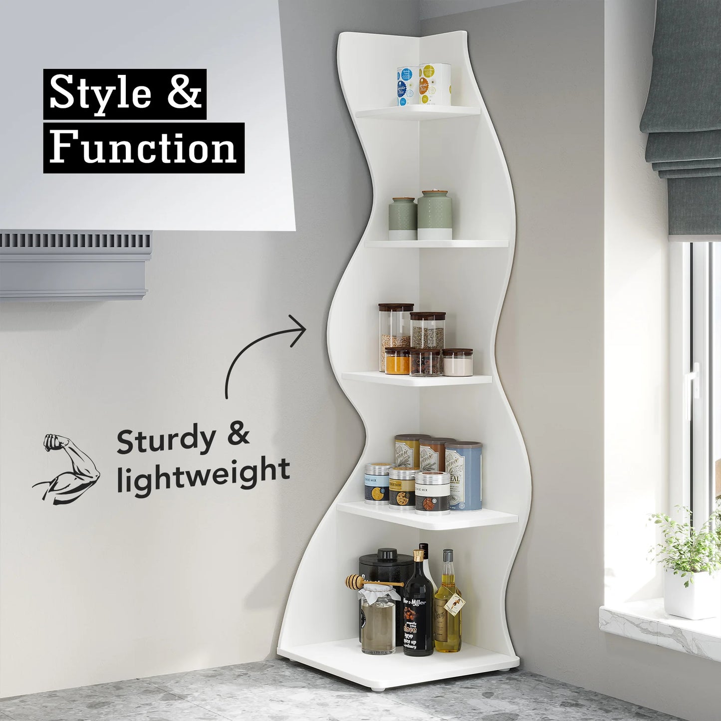Tribesigns 5 Tier Corner Shelf Wall Organizer Bookcase Plant Stand White Finish Minimalist Modern Space Saver-A