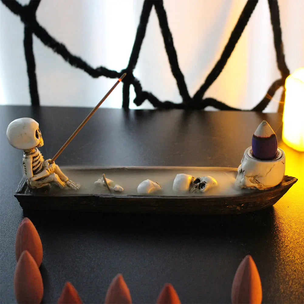 Alloet Skull Boat Incense Holder Gothic Resin Skeleton Stand