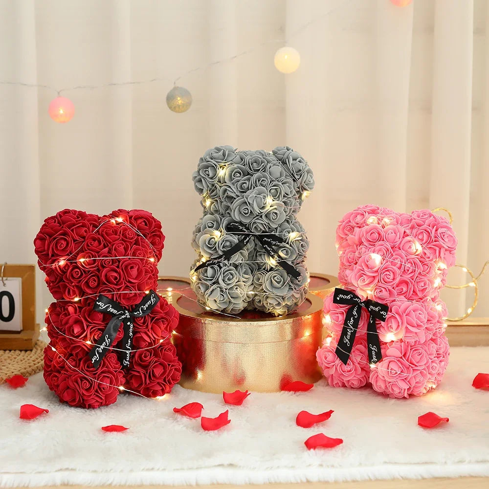 Artificial Teddy Rose Flower Bear With Box Eternal Rose Valentines Day Gift For Girlfriend-A