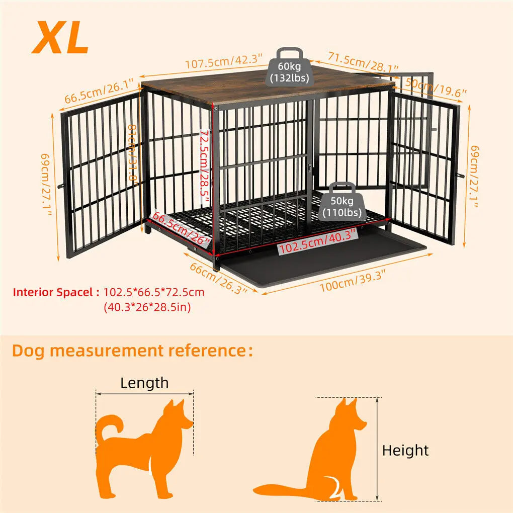 Bingopaw Heavy Duty Dog Kennel End Table Crate With Three Doors Built From Iron And MDF With Wood Tone Top-A