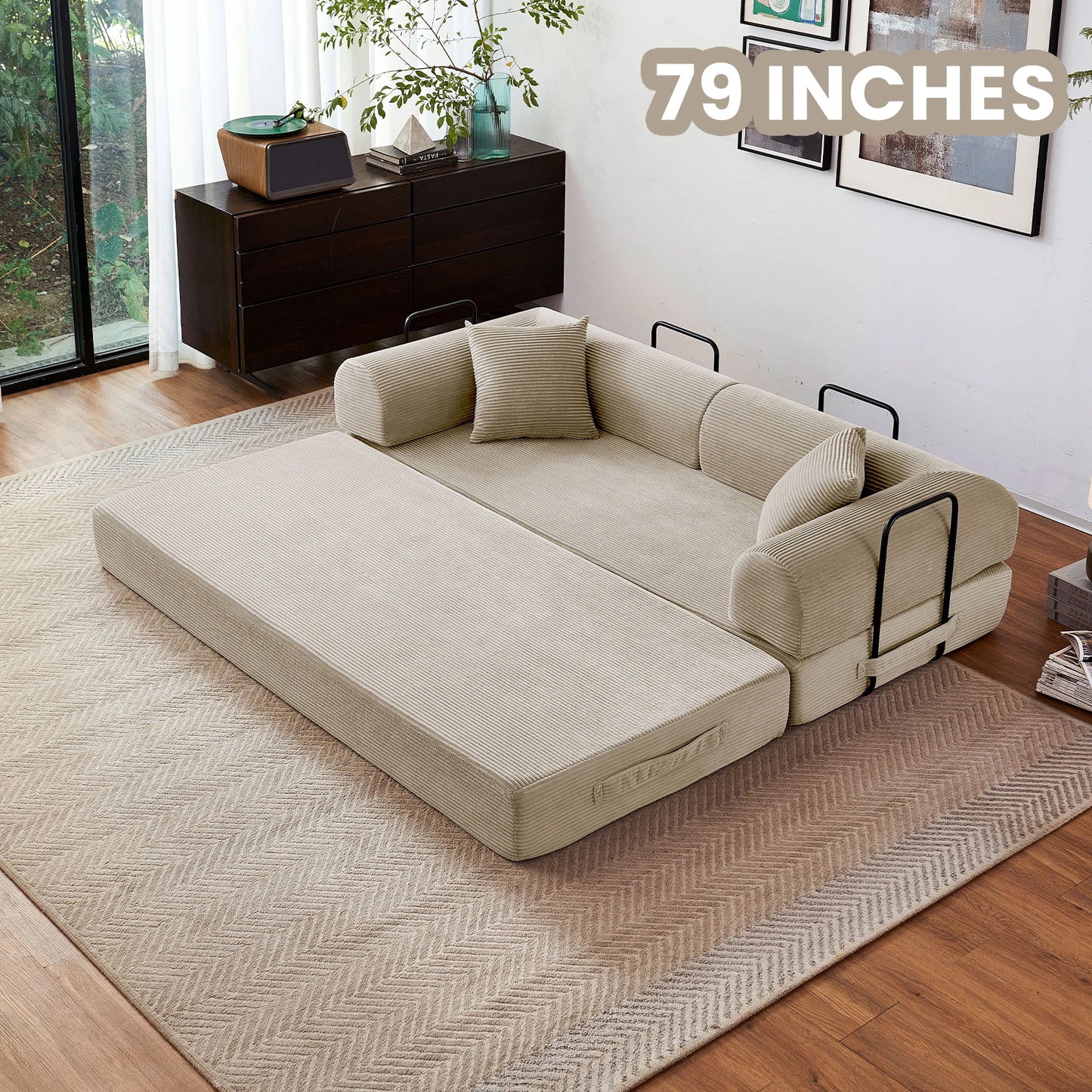 Foldable Convertible Futon Sofa Bed With L Shaped Armrests For Small Spaces Corduroy Upholstery High Density Foam-A