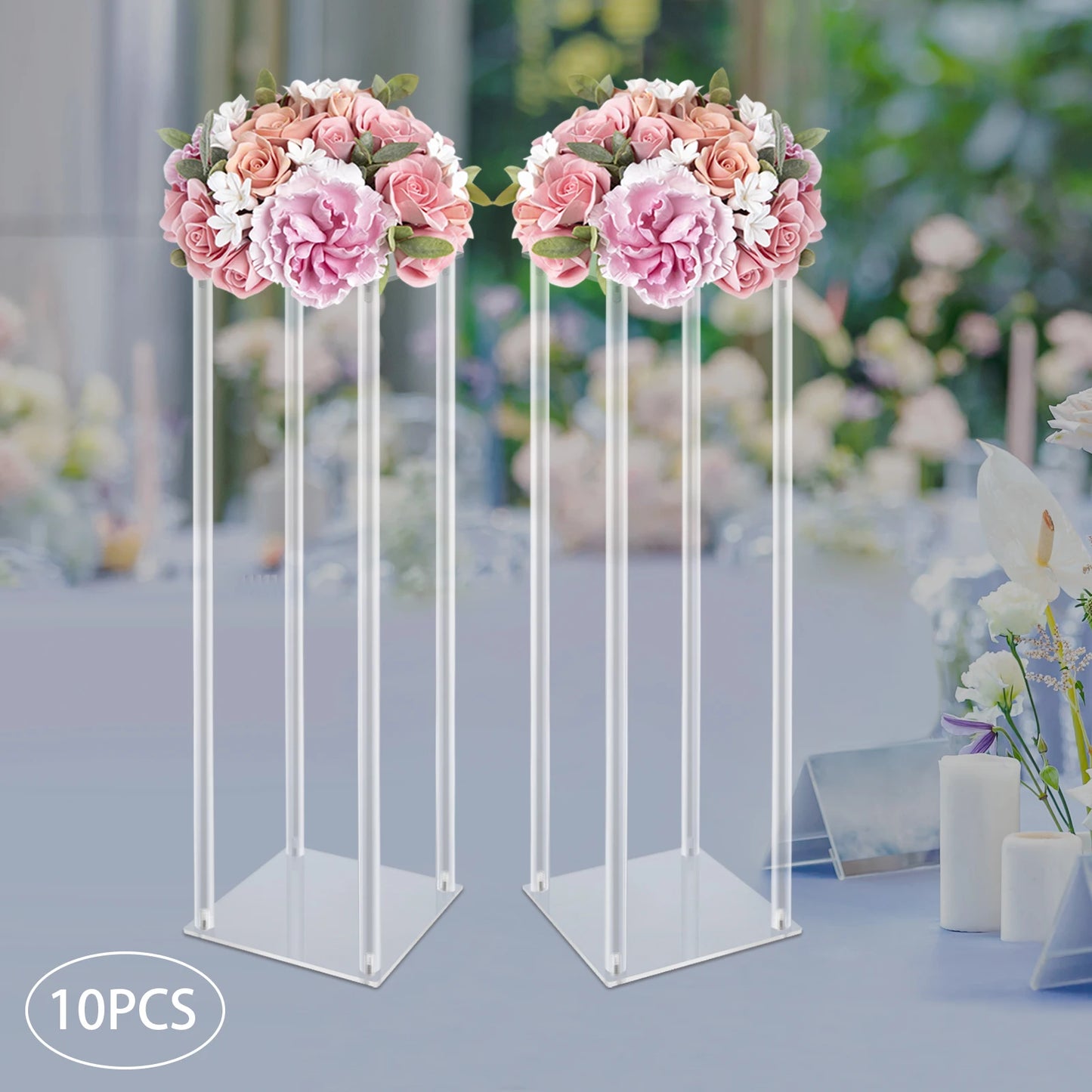 Acrylic Vase Centerpieces Set Of 10 Free Standing Crystal Clear Column Stands For Weddings-A