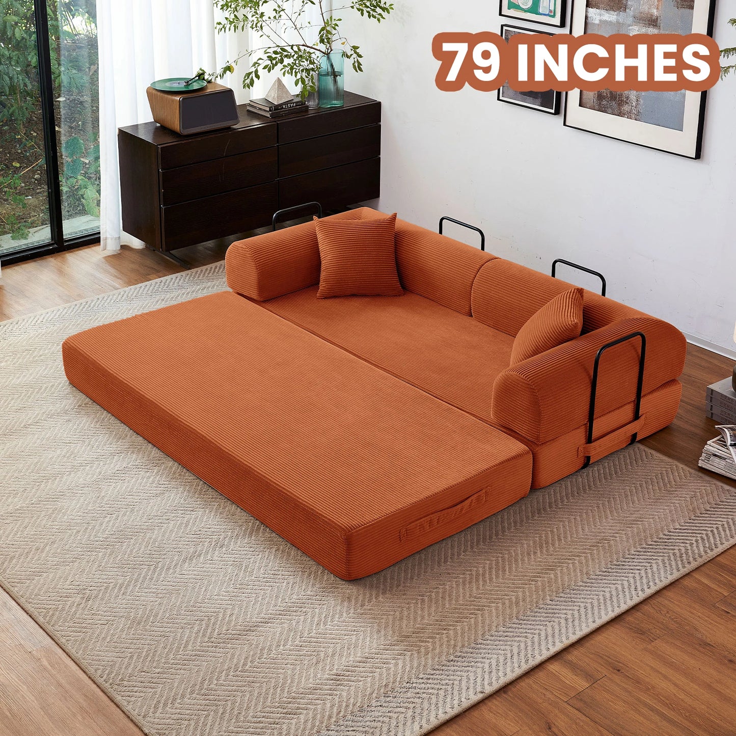 Foldable Convertible Futon Sofa Bed With L Shaped Armrests For Small Spaces Corduroy Upholstery High Density Foam-A