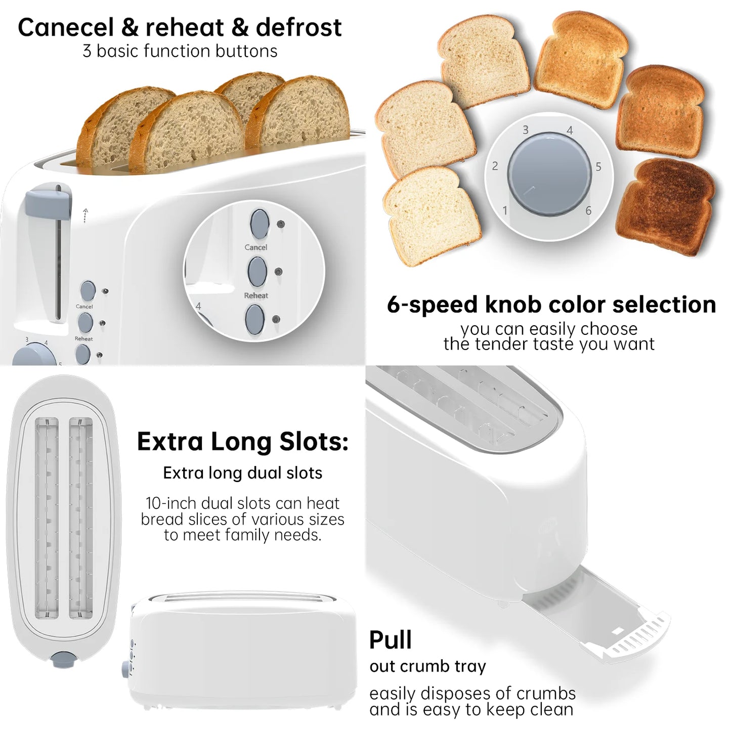 YUKOOL Extra Long Slot Toaster with 6 Browning Levels Defrost Reheat and Space Saving Design for Four Slices-A