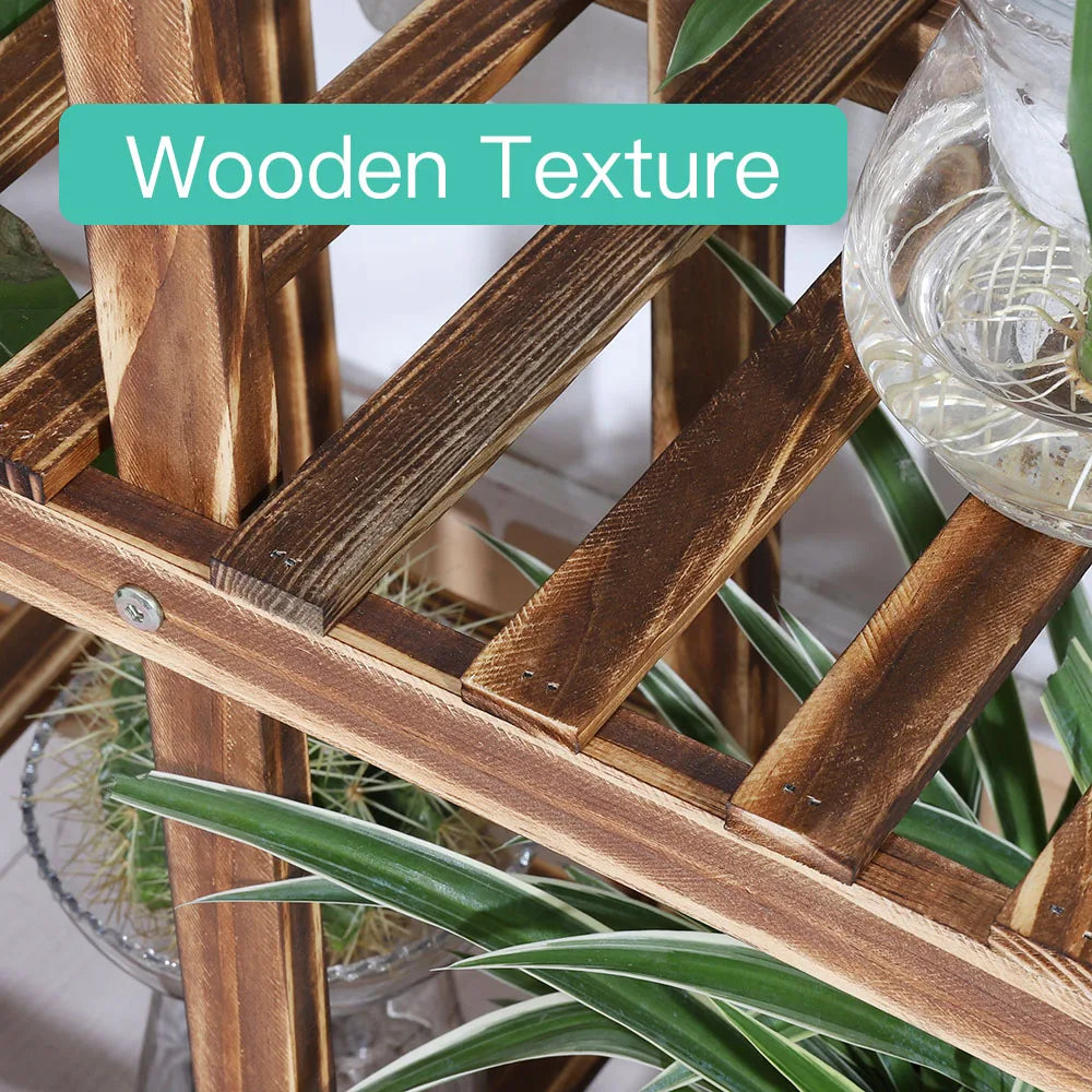 Wisfor 5 Tier Wooden Plant Stand On Wheels for Indoor and Outdoor Use Mobile Garden Display-A
