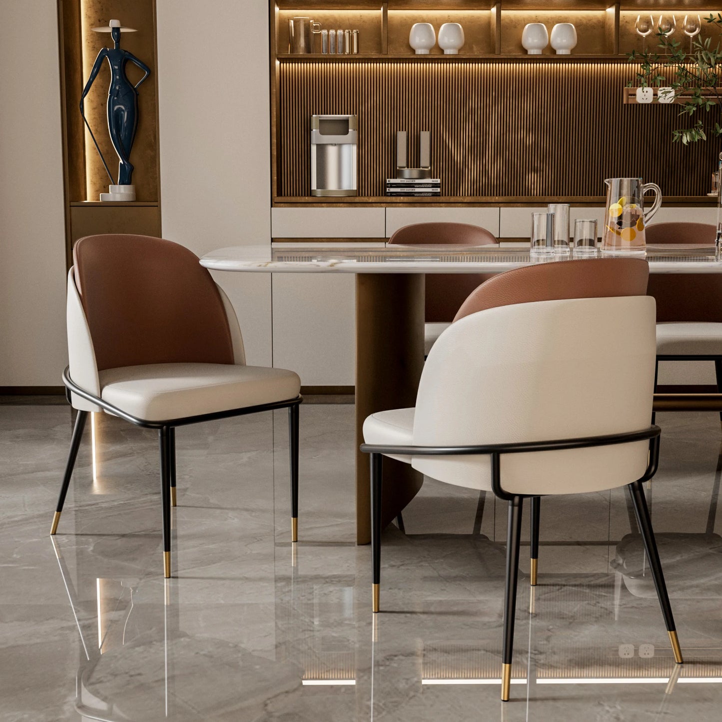 Modern Faux Leather Dining Chairs Pair With Upholstered Wood Back Curved Minimalist Two Tone Beige And Reddish Brown-A